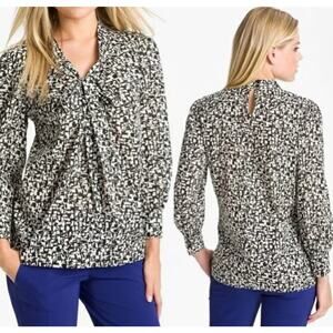 Kate Spade Womens Black White Geometric Tie Neck Cotton Blouse Size 2